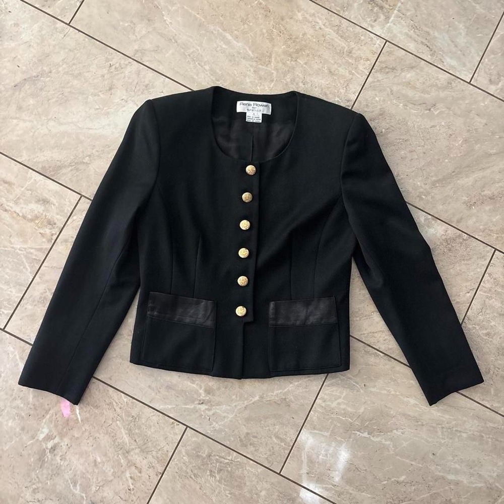 VTG Rena Rowan for Saville Black 100% Wool Collarless Blazer Jacket Sz 8 Gold